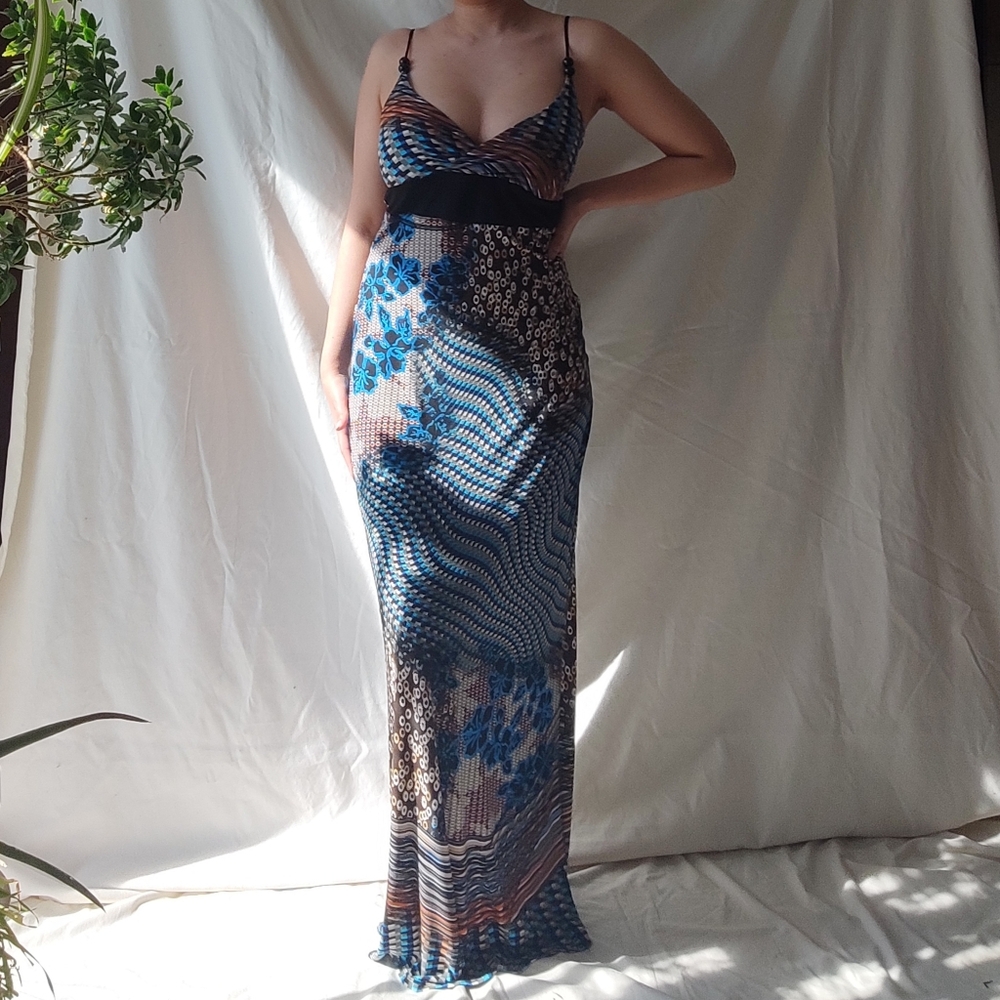 Blue and Brown Abstract Floral Spaghetti Strap Summer Maxi Dress